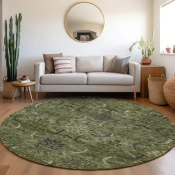 8' Olive Green And Charcoal Round Damask Washable Indoor Outdoor Area Rug
