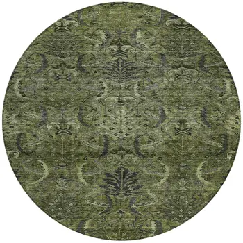 8' Olive Green And Charcoal Round Damask Washable Indoor Outdoor Area Rug