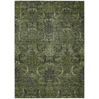 8' X 10' Olive Green And Charcoal Damask Washable Indoor Outdoor Area Rug