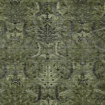 8' X 10' Olive Green And Charcoal Damask Washable Indoor Outdoor Area Rug