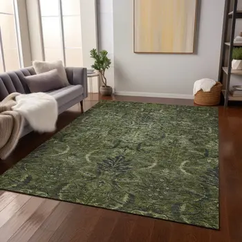8' X 10' Olive Green And Charcoal Damask Washable Indoor Outdoor Area Rug