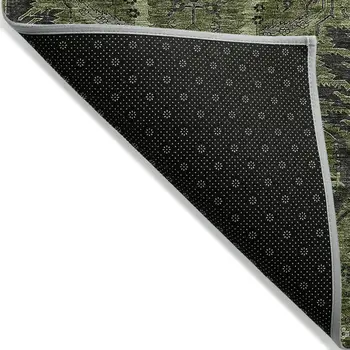 9' X 12' Olive Green And Charcoal Damask Washable Indoor Outdoor Area Rug