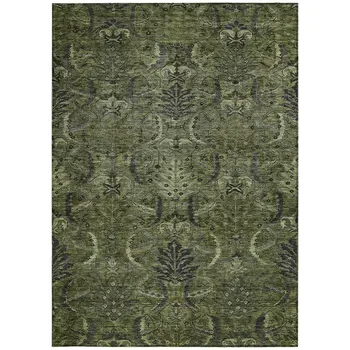 9' X 12' Olive Green And Charcoal Damask Washable Indoor Outdoor Area Rug