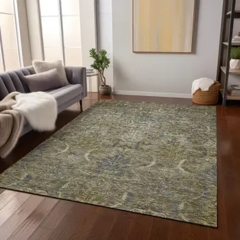 3' X 5' Taupe And Gray Damask Washable Indoor Outdoor Area Rug