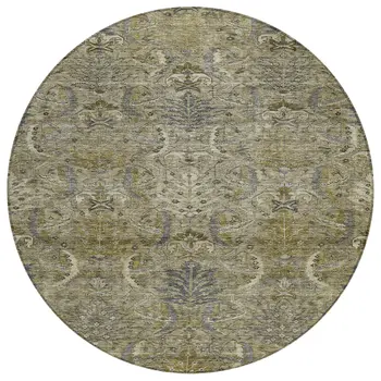 8' Taupe And Gray Round Damask Washable Indoor Outdoor Area Rug