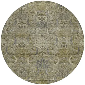 8' Taupe And Gray Round Damask Washable Indoor Outdoor Area Rug