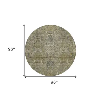 8' Taupe And Gray Round Damask Washable Indoor Outdoor Area Rug