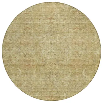 8' Wheat And Light Brown Round Damask Washable Indoor Outdoor Area Rug