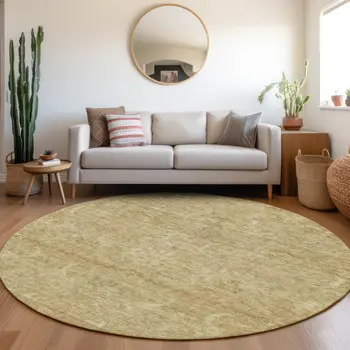 8' Wheat And Light Brown Round Damask Washable Indoor Outdoor Area Rug