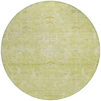 8' Artichoke Green And Ivory Round Damask Washable Indoor Outdoor Area Rug