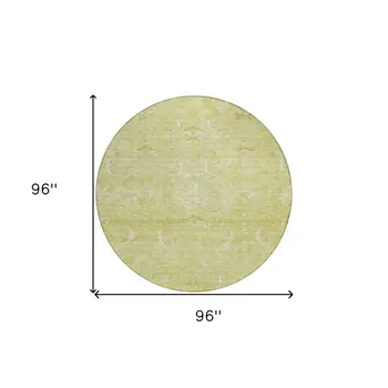 8' Artichoke Green And Ivory Round Damask Washable Indoor Outdoor Area Rug