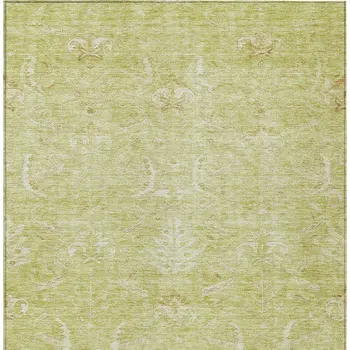 9' X 12' Artichoke Green And Ivory Damask Washable Indoor Outdoor Area Rug
