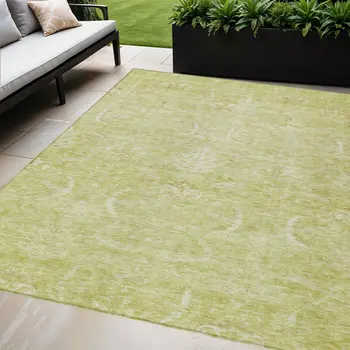 9' X 12' Artichoke Green And Ivory Damask Washable Indoor Outdoor Area Rug