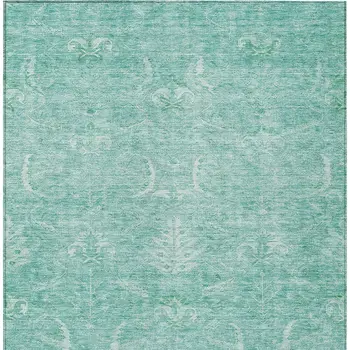 5' X 8' Aqua And Ivory Damask Washable Indoor Outdoor Area Rug