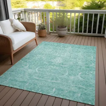 5' X 8' Aqua And Ivory Damask Washable Indoor Outdoor Area Rug