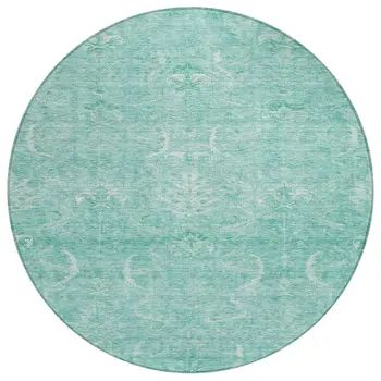 8' Aqua And Ivory Round Damask Washable Indoor Outdoor Area Rug