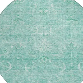 8' Aqua And Ivory Round Damask Washable Indoor Outdoor Area Rug