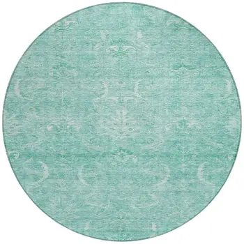 8' Aqua And Ivory Round Damask Washable Indoor Outdoor Area Rug