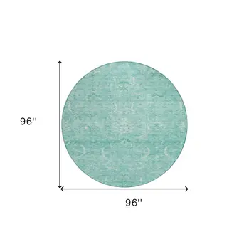 8' Aqua And Ivory Round Damask Washable Indoor Outdoor Area Rug