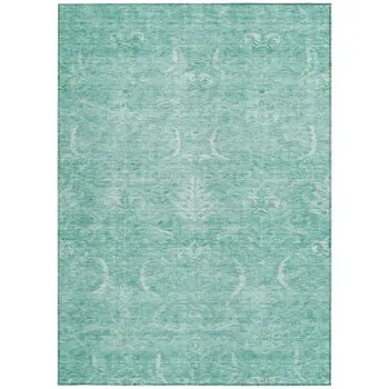 8' X 10' Aqua And Ivory Damask Washable Indoor Outdoor Area Rug