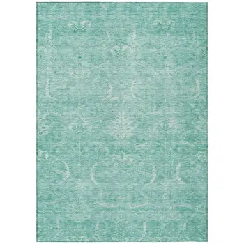 9' X 12' Aqua And Ivory Damask Washable Indoor Outdoor Area Rug