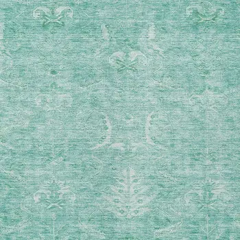 10' X 14' Aqua And Ivory Damask Washable Indoor Outdoor Area Rug
