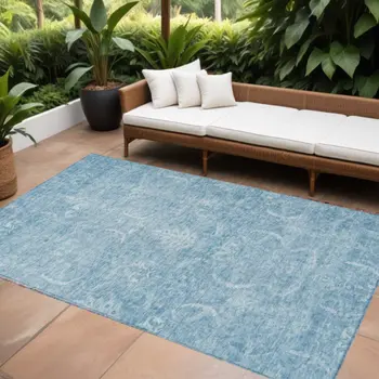 5' X 8' Sky Blue And Ivory Damask Washable Indoor Outdoor Area Rug