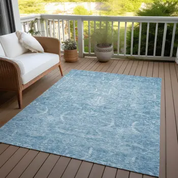 5' X 8' Sky Blue And Ivory Damask Washable Indoor Outdoor Area Rug
