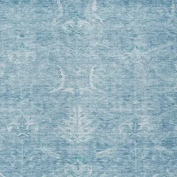 5' X 8' Sky Blue And Ivory Damask Washable Indoor Outdoor Area Rug