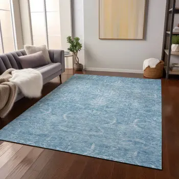 5' X 8' Sky Blue And Ivory Damask Washable Indoor Outdoor Area Rug