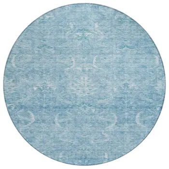 8' Sky Blue And Ivory Round Damask Washable Indoor Outdoor Area Rug
