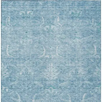 10' X 14' Sky Blue And Ivory Damask Washable Indoor Outdoor Area Rug