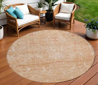 8' Salmon And Terra Cotta Round Damask Washable Indoor Outdoor Area Rug