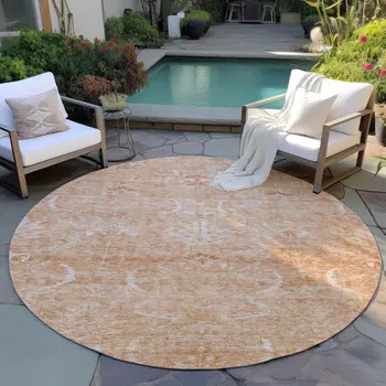 8' Salmon And Terra Cotta Round Damask Washable Indoor Outdoor Area Rug