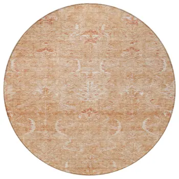 8' Salmon And Terra Cotta Round Damask Washable Indoor Outdoor Area Rug