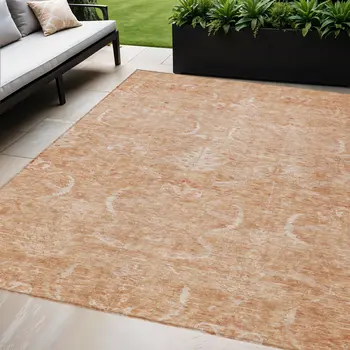 8' X 10' Salmon And Terra Cotta Damask Washable Indoor Outdoor Area Rug