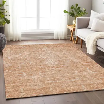 10' X 14' Salmon And Terra Cotta Damask Washable Indoor Outdoor Area Rug
