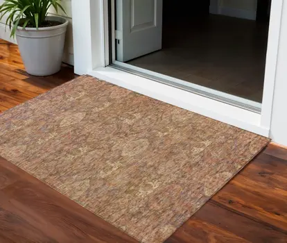 3' X 5' Brown And Tan Damask Washable Indoor Outdoor Area Rug