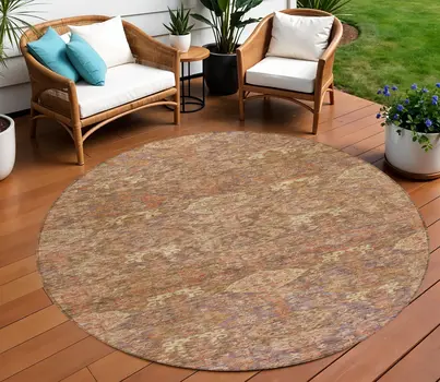 8' Brown And Tan Round Damask Washable Indoor Outdoor Area Rug