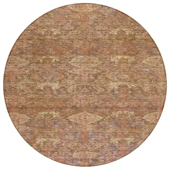 8' Brown And Tan Round Damask Washable Indoor Outdoor Area Rug