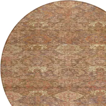 8' Brown And Tan Round Damask Washable Indoor Outdoor Area Rug
