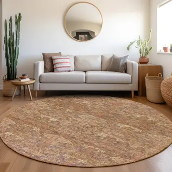 8' Brown And Tan Round Damask Washable Indoor Outdoor Area Rug