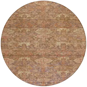8' Brown And Tan Round Damask Washable Indoor Outdoor Area Rug