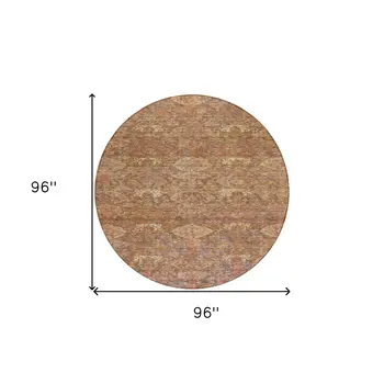 8' Brown And Tan Round Damask Washable Indoor Outdoor Area Rug