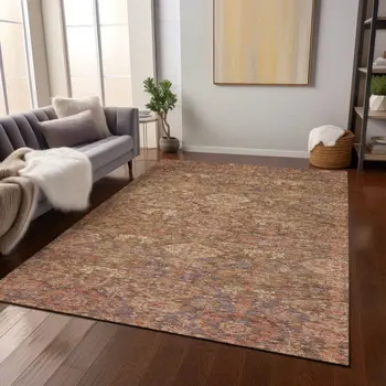 9' X 12' Brown And Tan Damask Washable Indoor Outdoor Area Rug
