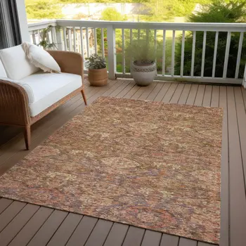 10' X 14' Brown And Tan Damask Washable Indoor Outdoor Area Rug