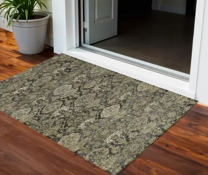 3' X 5' Charcoal And Beige Damask Washable Indoor Outdoor Area Rug