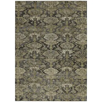 5' X 8' Charcoal And Beige Damask Washable Indoor Outdoor Area Rug