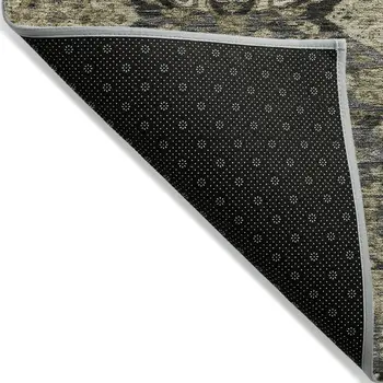 5' X 8' Charcoal And Beige Damask Washable Indoor Outdoor Area Rug