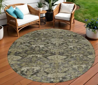 8' Charcoal And Beige Round Damask Washable Indoor Outdoor Area Rug